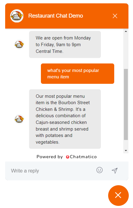 Chatmatico Restaurant Chatbot Example