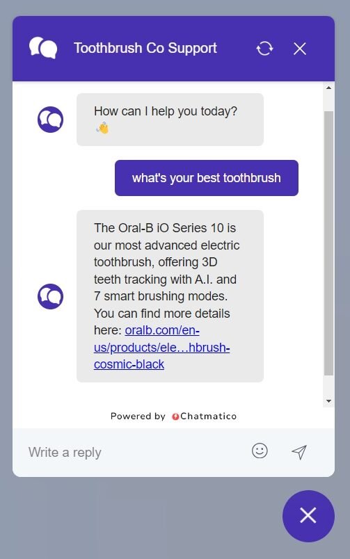 Ecommerce store chatbot example demo: Toothbrush company