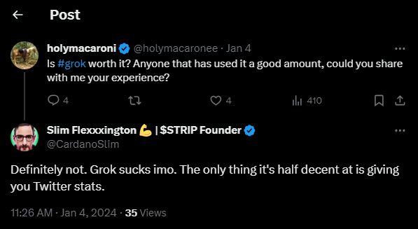 Grok tweets on X about how it sucks