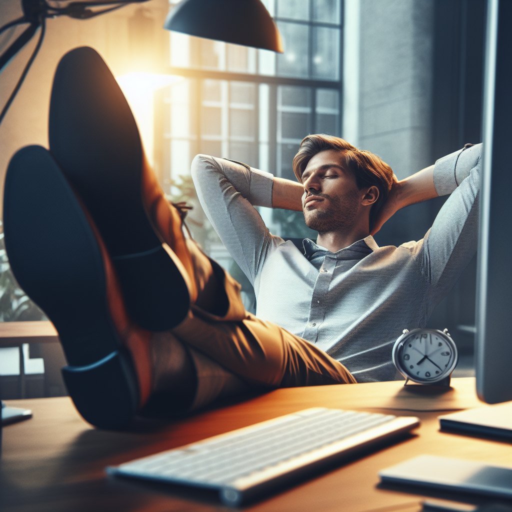 Man with reduced workload kicking his feet up on his desk and relaxing while his AI does the work